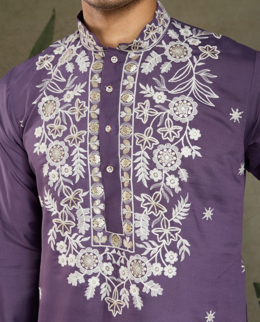 61321-purple - Purple Thread & Sequence Hand Embroidered Men’s Kurta Set